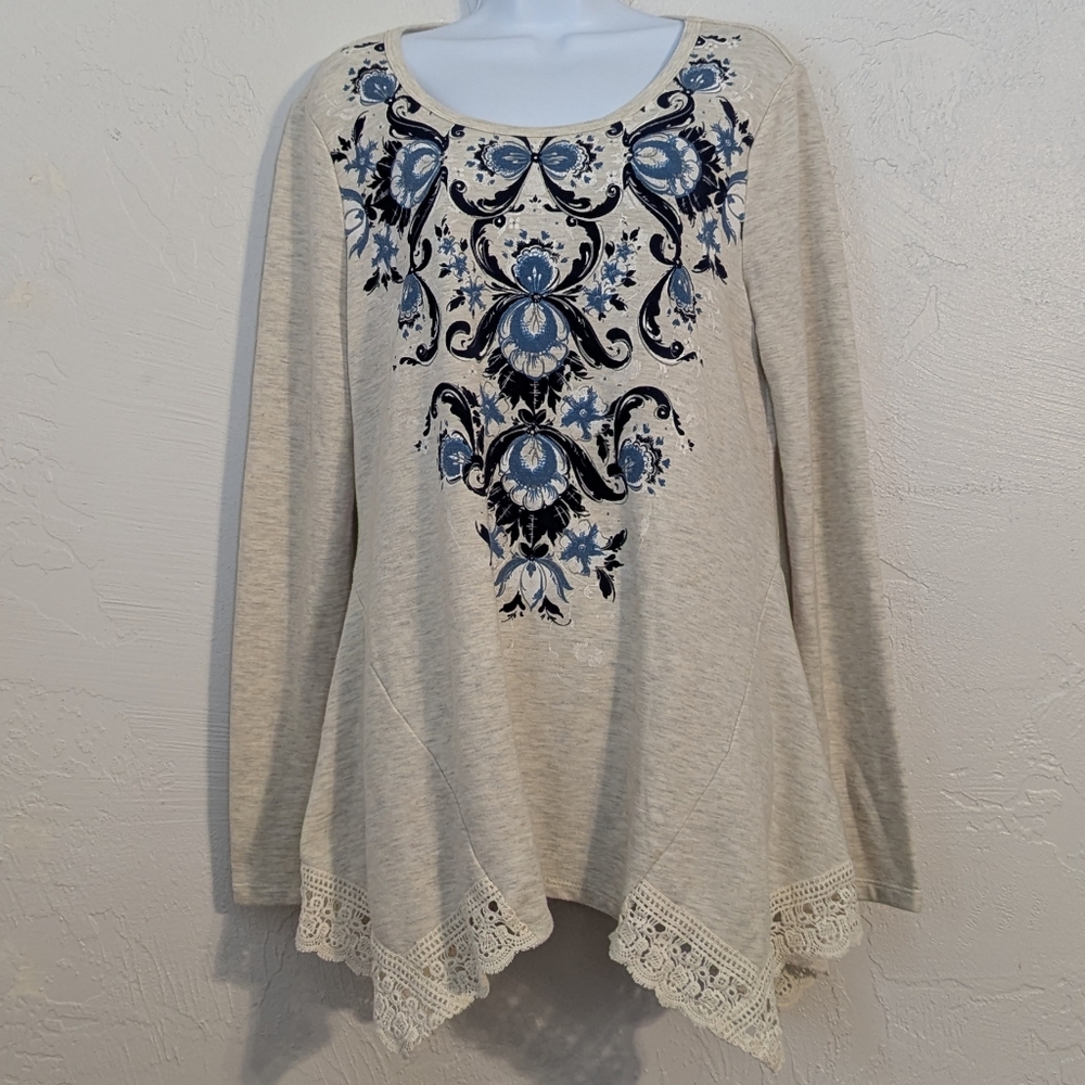 Cream Casual Lagenlook Longsleeve Tunic Handkerchief Hem Office Teacher Comfy